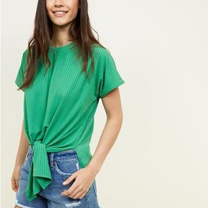 New Look Green Ribbed Tie Front Top T-Shirt